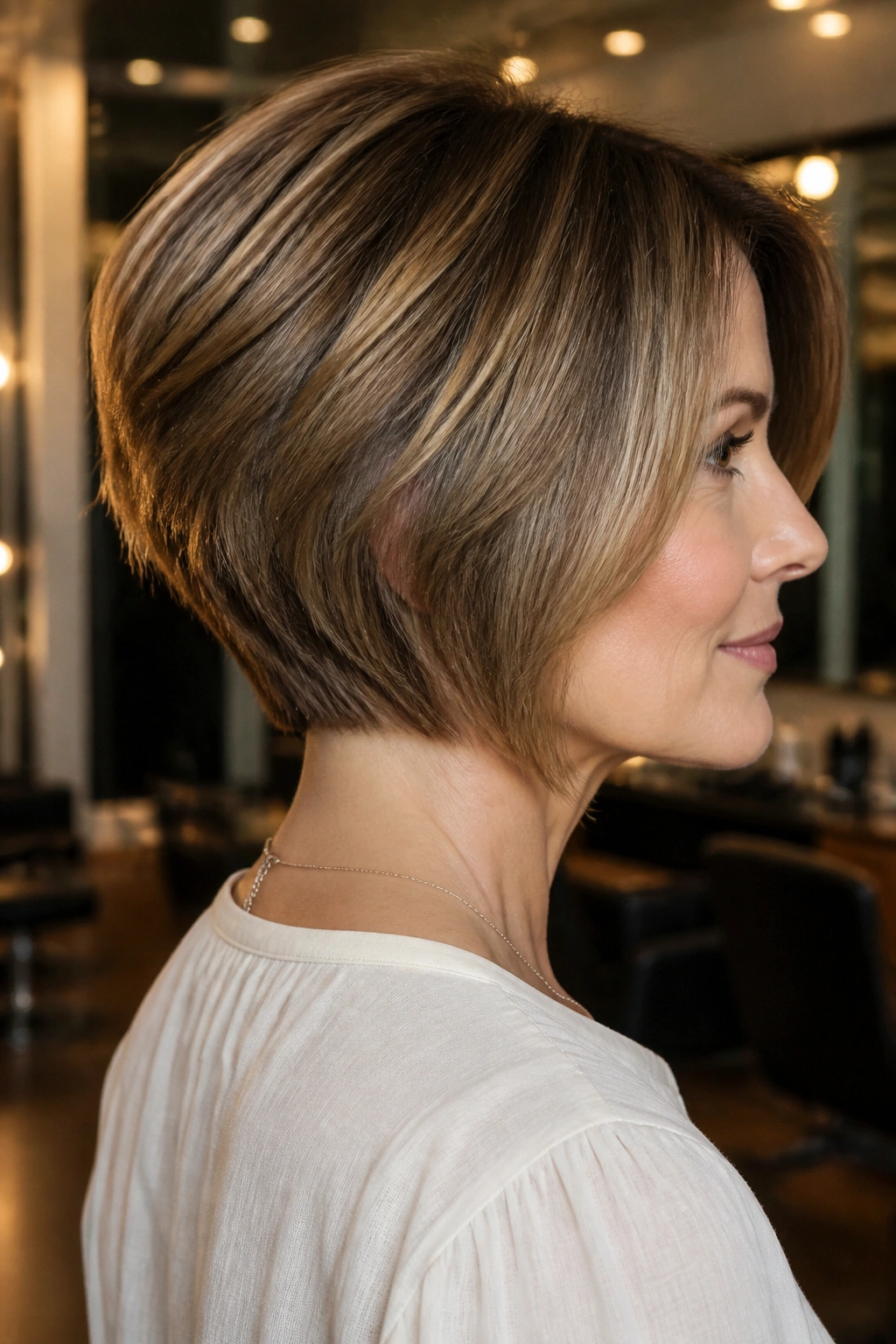 Close-up of a woman with a stacked bob showing crown lift and jawline perimeter.
