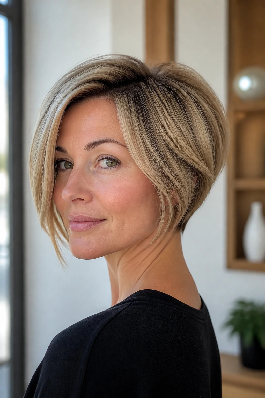 Real woman with stacked bob showing crown lift in natural light