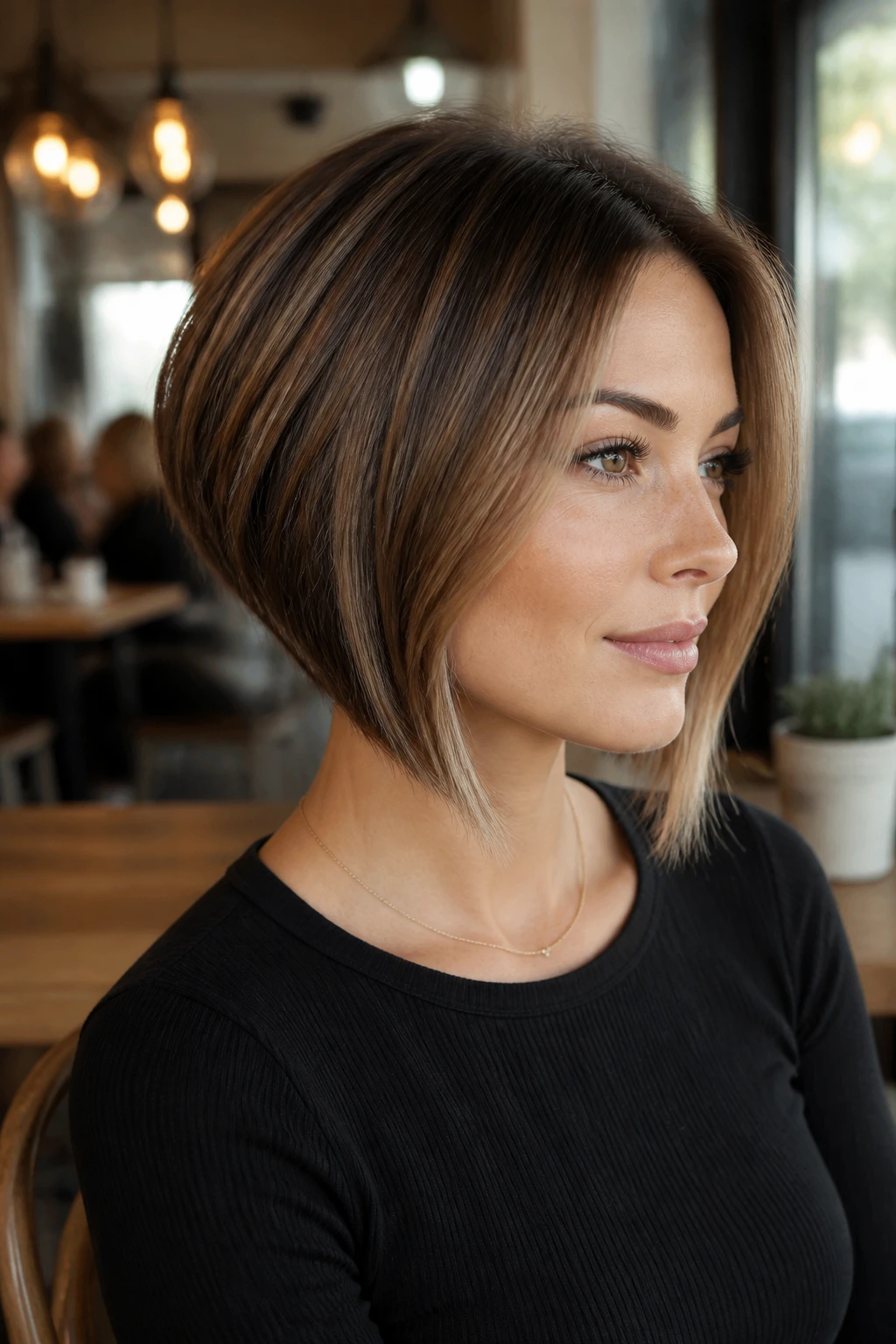 Portrait of a real woman with stacked bob haircut in warm cafe lighting.