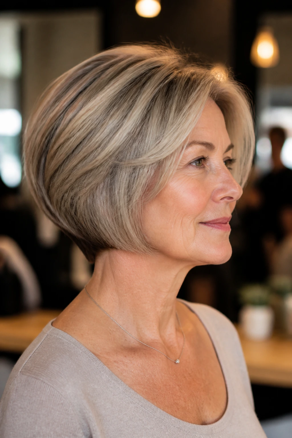 Portrait of a real woman with a stacked bob.