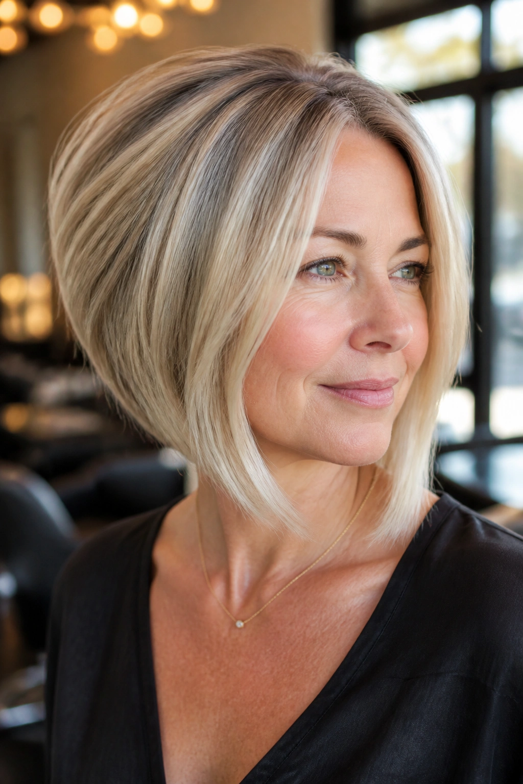 Portrait of a real woman with a stacked bob and lifted back, collarbone-length front pieces