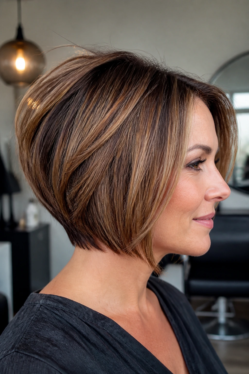 Portrait of a real woman with a stacked bob and back lift in bright salon light