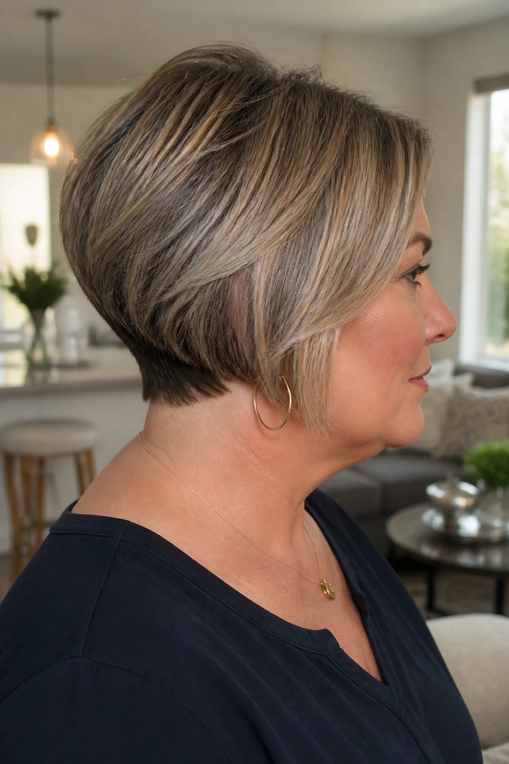Real woman profile showing stacked bob with lifted nape in warm apartment light