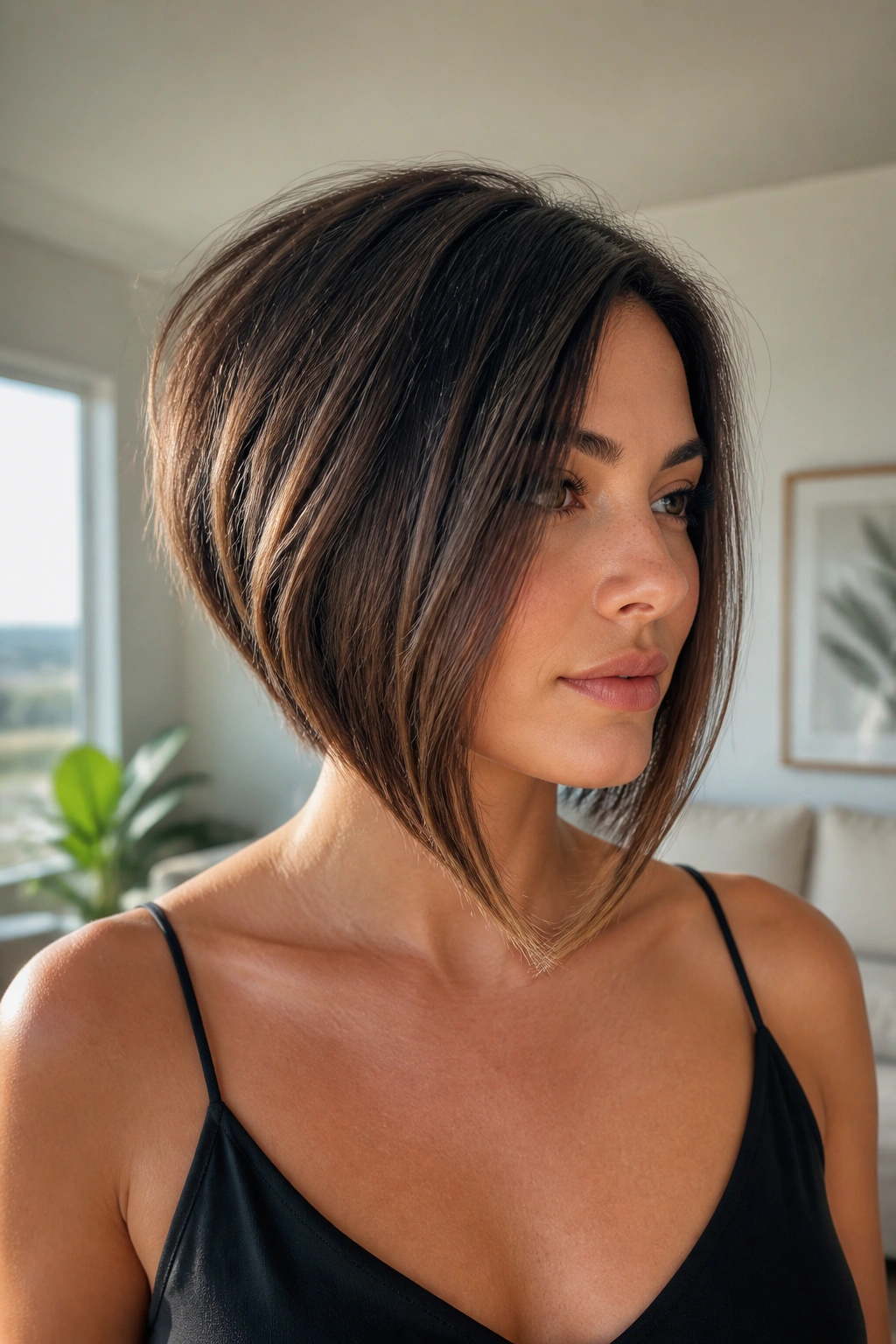 Woman with stacked bob haircut showing short back and long front pieces