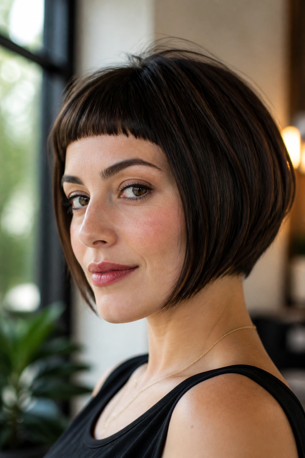 Real woman with a stacked bob and micro-bangs in natural light