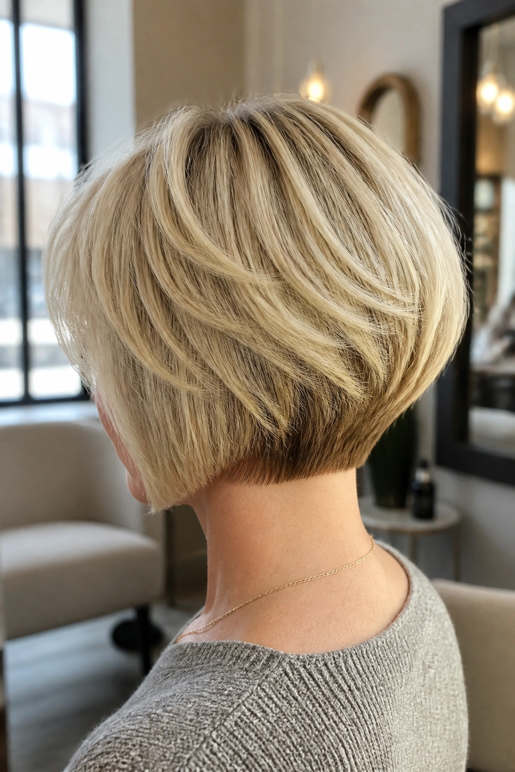 Back-and-side portrait of a real woman with a stacked bob and lifted nape in a bright salon