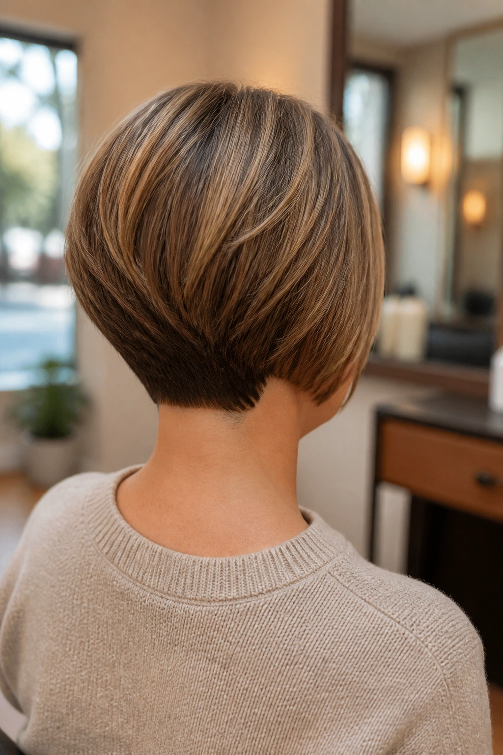 Back view of a real woman with a stacked bob and neat nape.