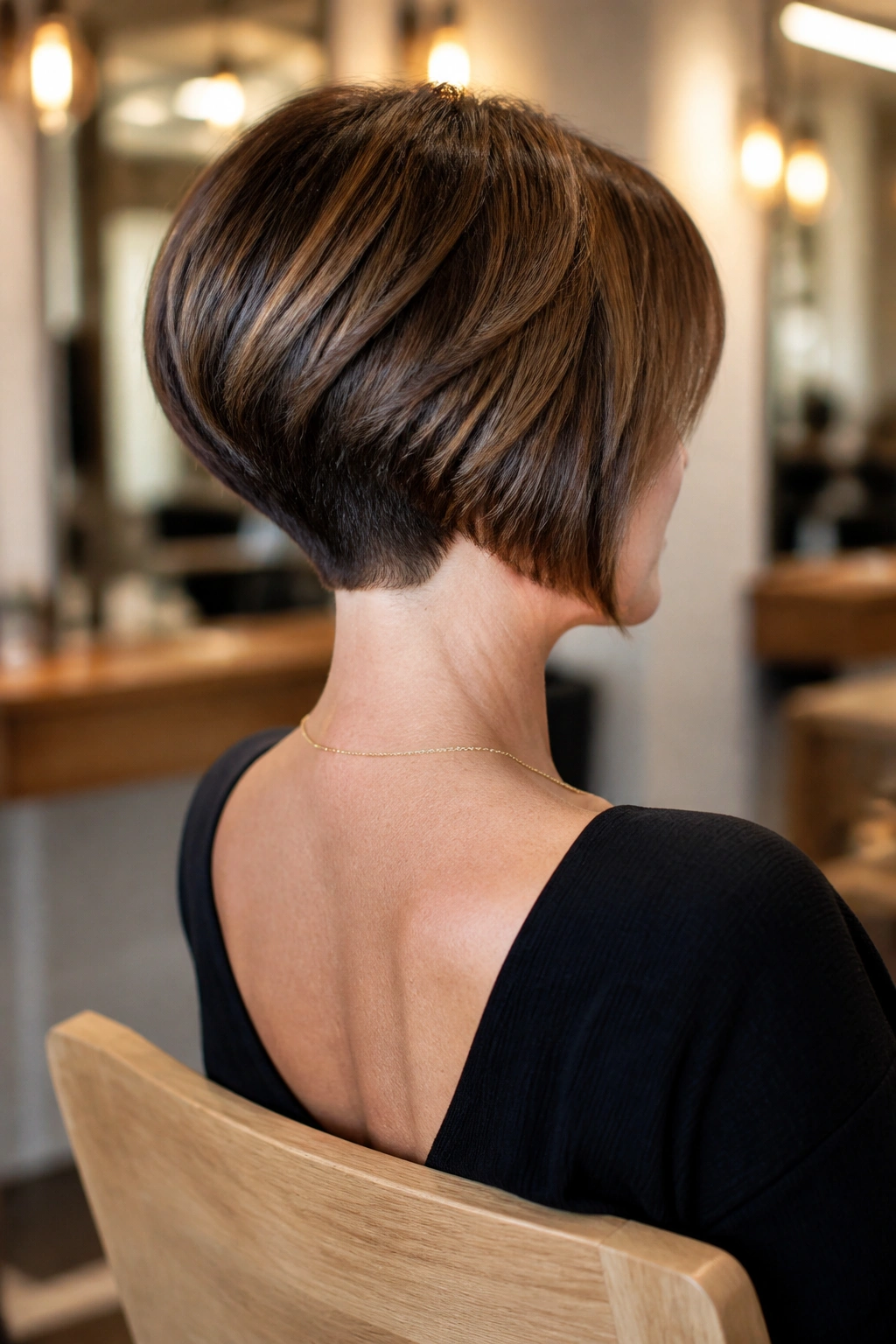 Rear three-quarter portrait of a real woman with stacked bob and sharp nape