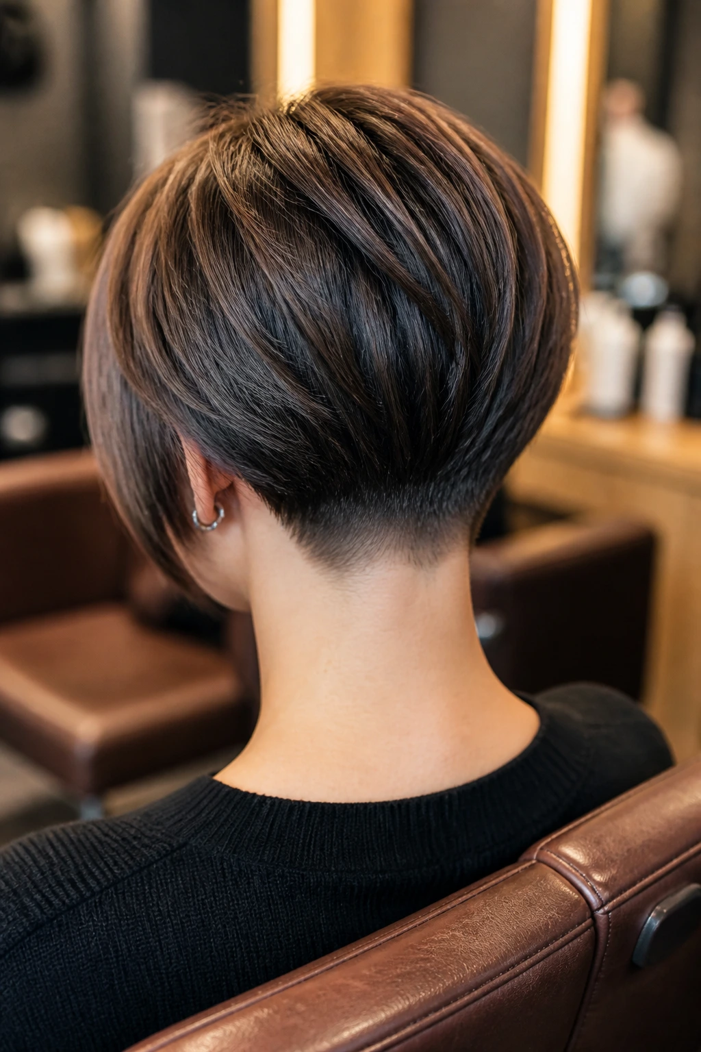 Back view of stacked bob showing sharp nape and lifted crown