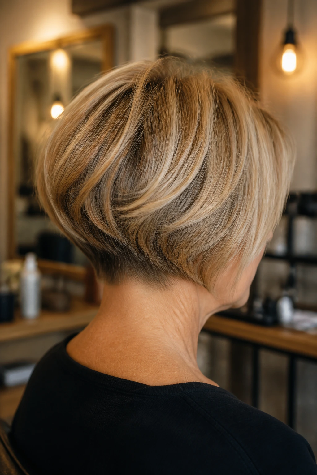 Back of head showing stacked bob at the nape on a real woman