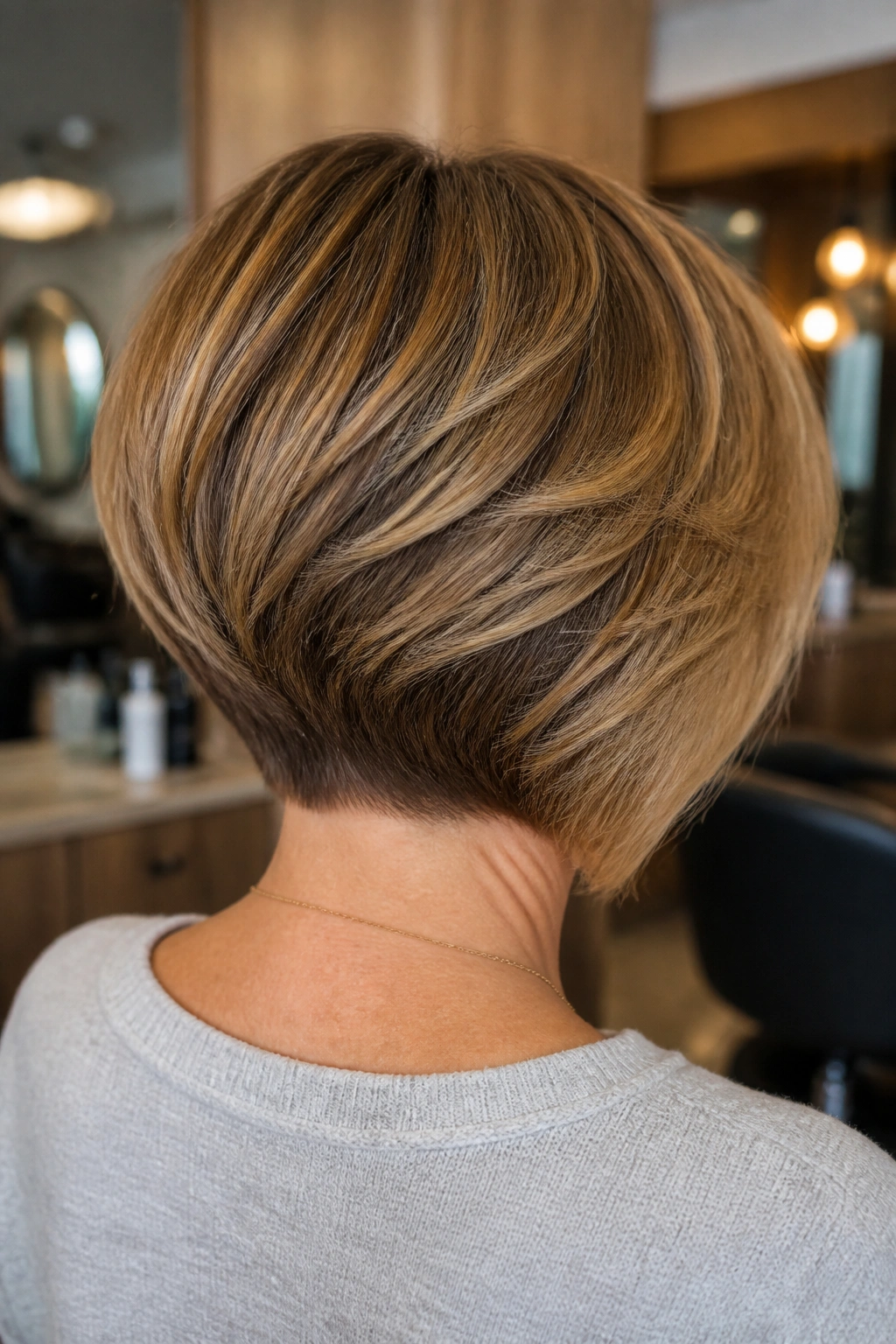 Back-of-head view of a stacked bob with nape layers on a real person