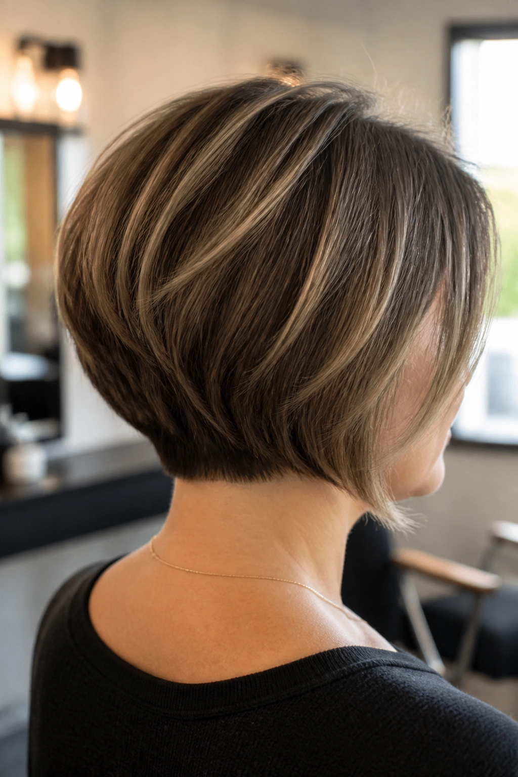 Back/three-quarter view of a woman with a stacked bob showing nape layers and volume.