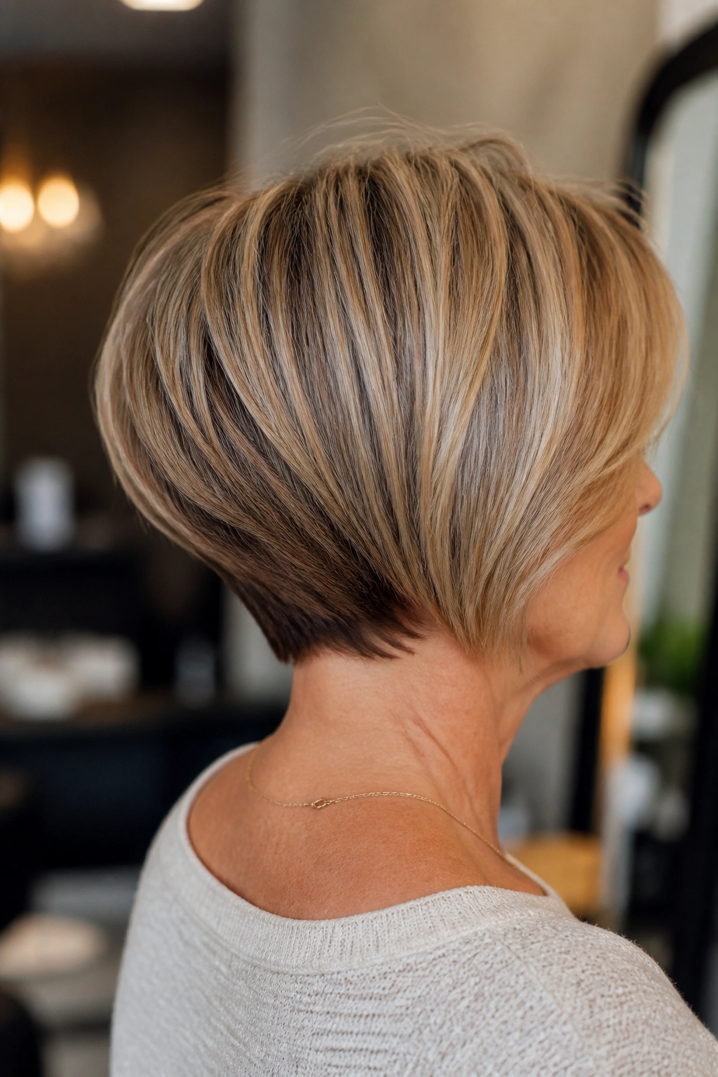 Close-up portrait of a woman with a stacked bob showing lift at the nape