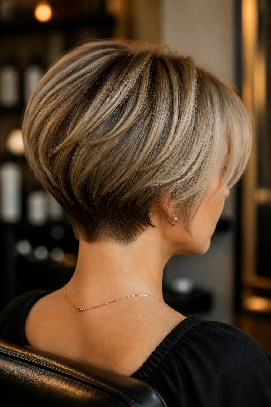 Back view of a real person showing stacked bob with a clean nape