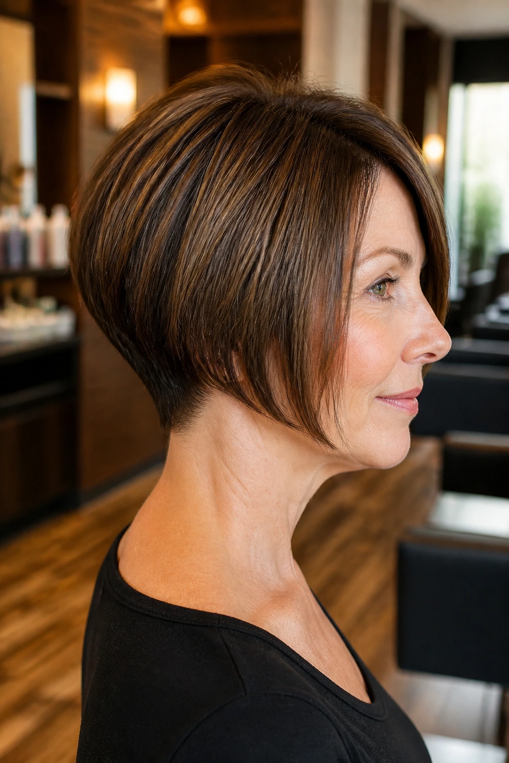 Close-up portrait of a real woman with a stacked bob and lifted nape under warm window light.