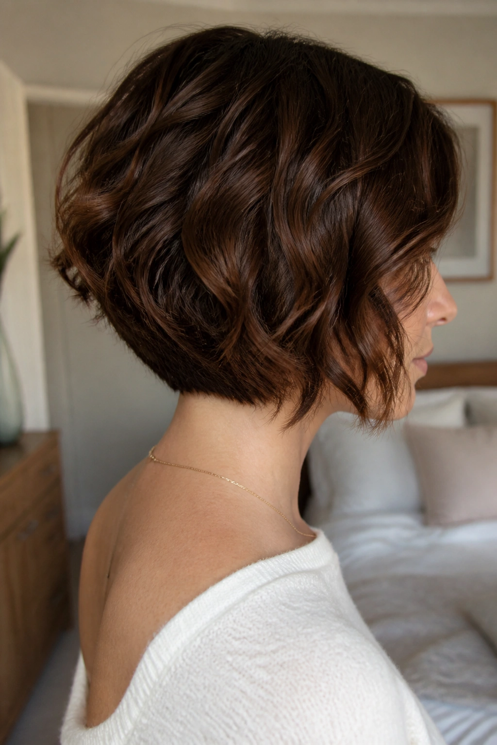 Real woman with stacked bob at the nape, soft waves and lifted back