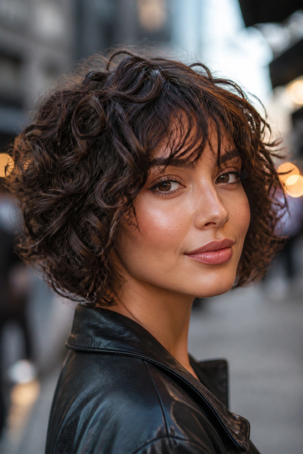 Real woman with stacked bob and piecey bangs on an urban street in daylight.