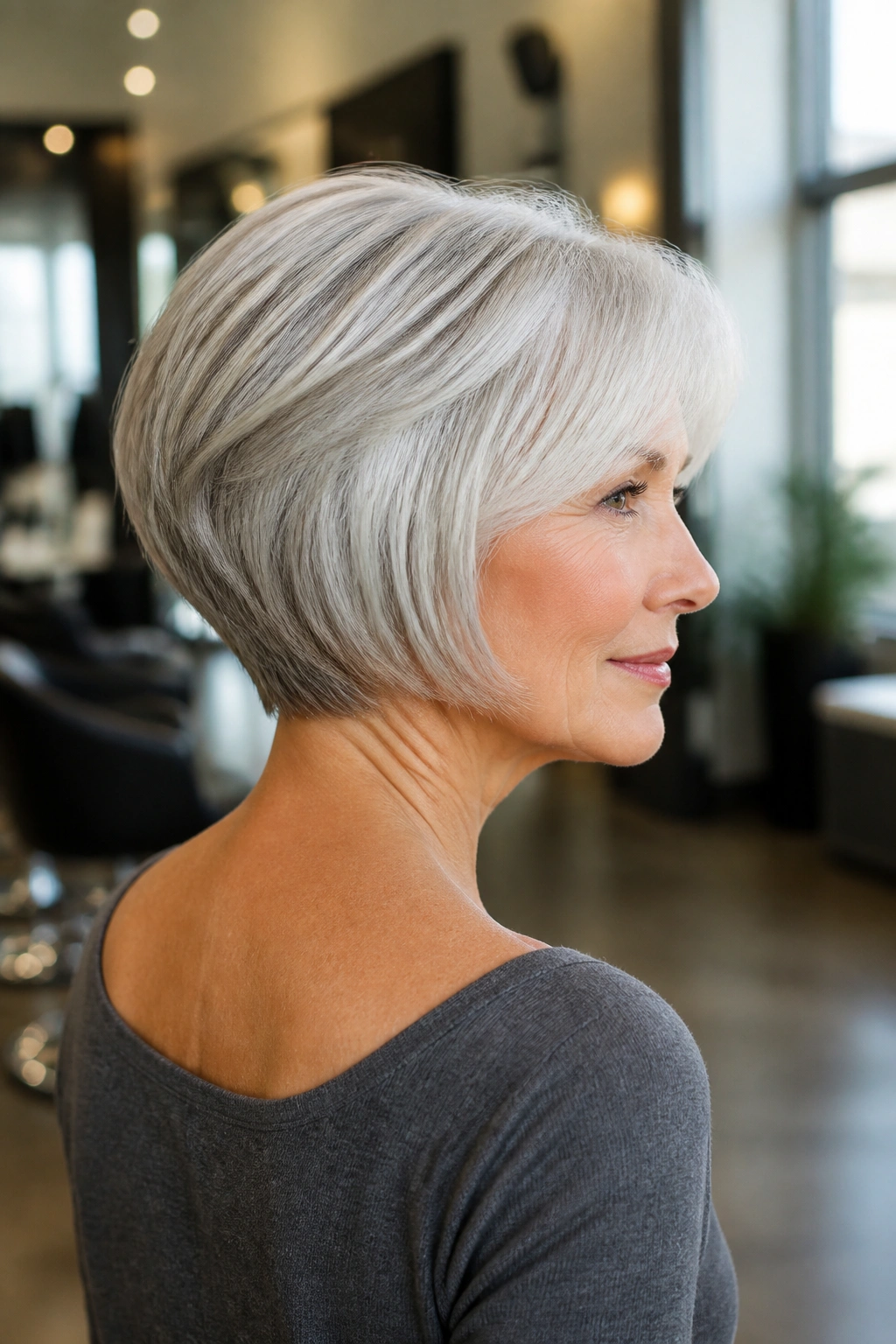 Real woman with rounded stacked bob and clean neckline in a stylish salon.