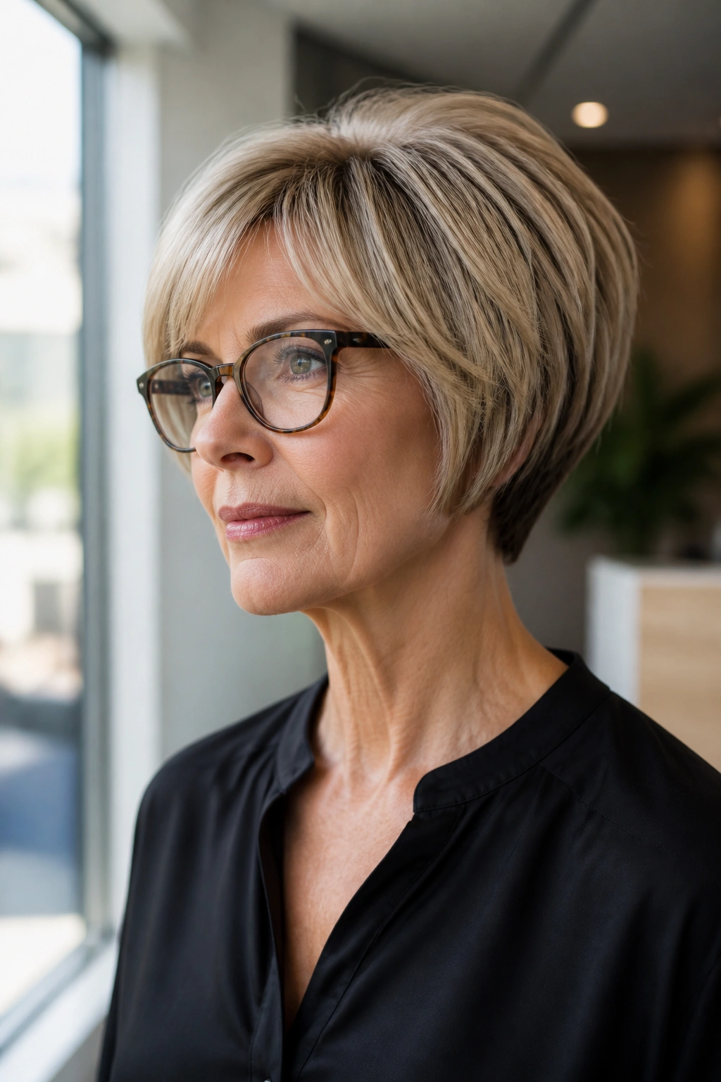 Portrait of a real woman with a stacked bob and clean neckline in an office lobby
