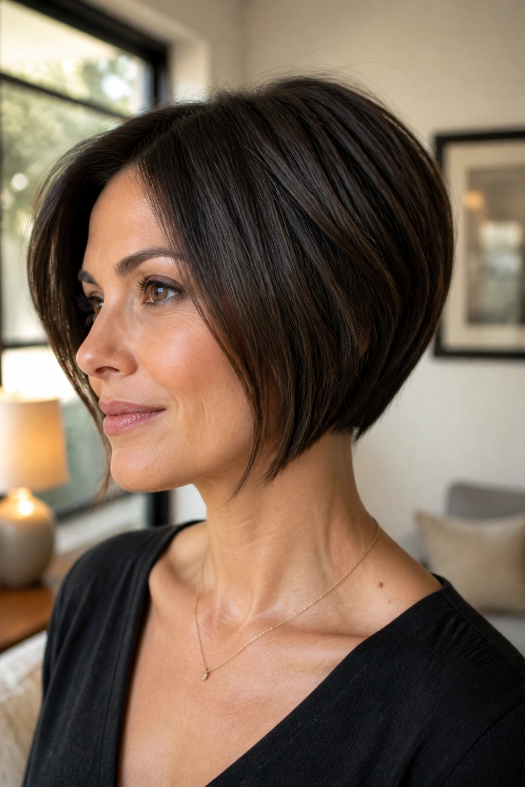 Close-up of a real woman with a stacked bob in a warm living room
