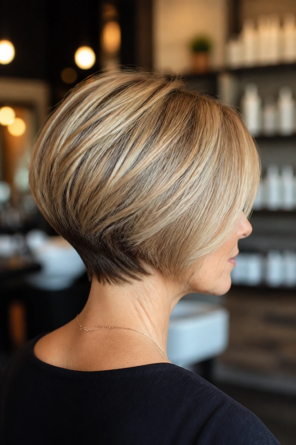 Portrait focusing on stacked back layers creating crown lift in a real person