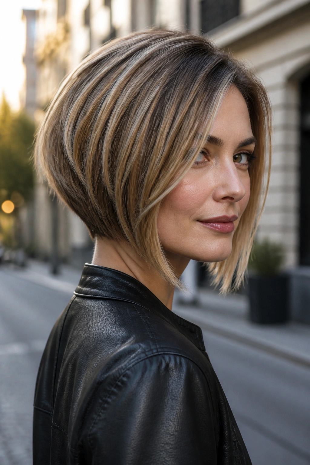 Close-up of a real woman with a stacked bob in morning street light.