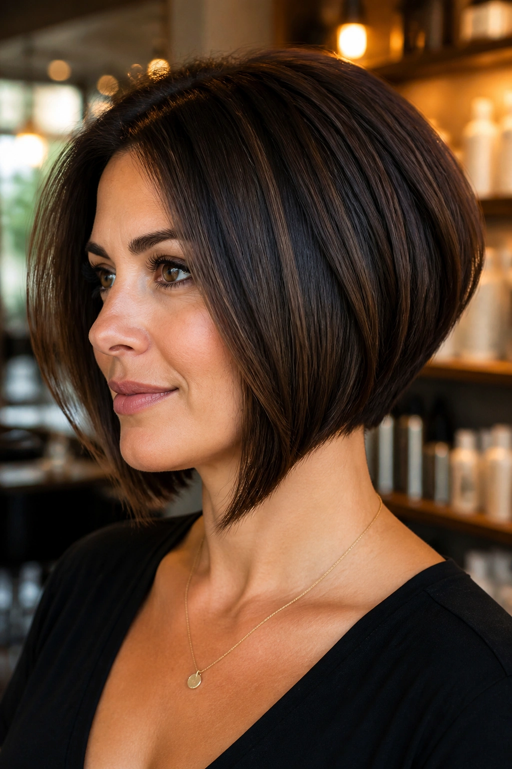 Close-up portrait of a real woman with a stacked bob and hidden graduation.
