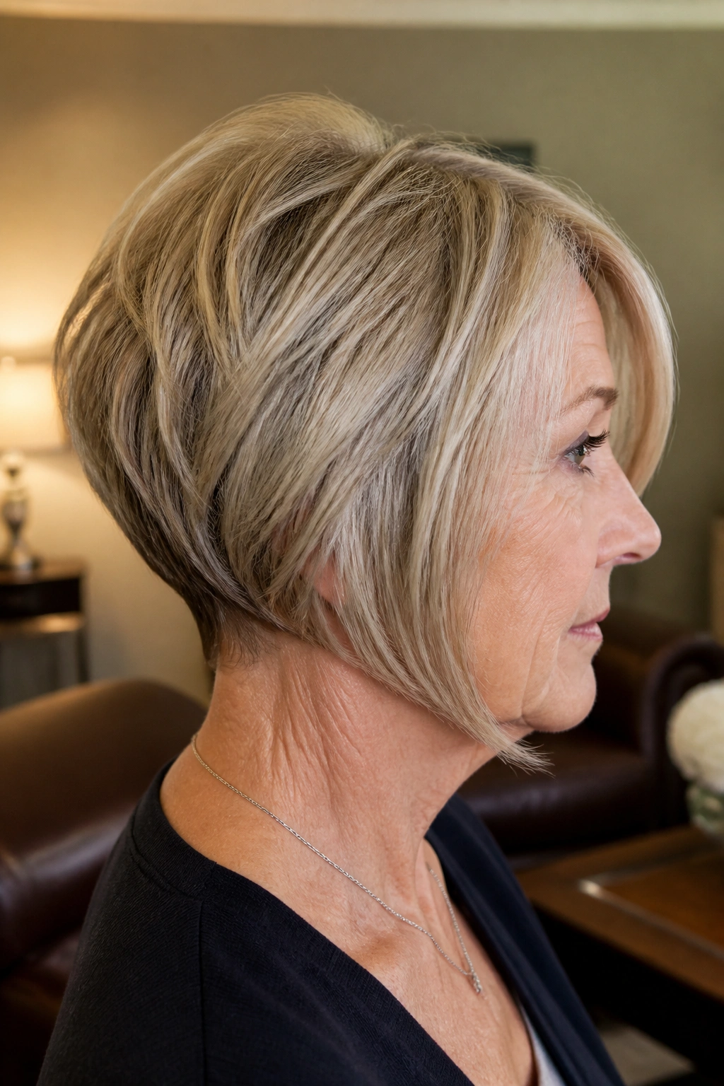 Close-up of a real woman with a stacked bob raised back