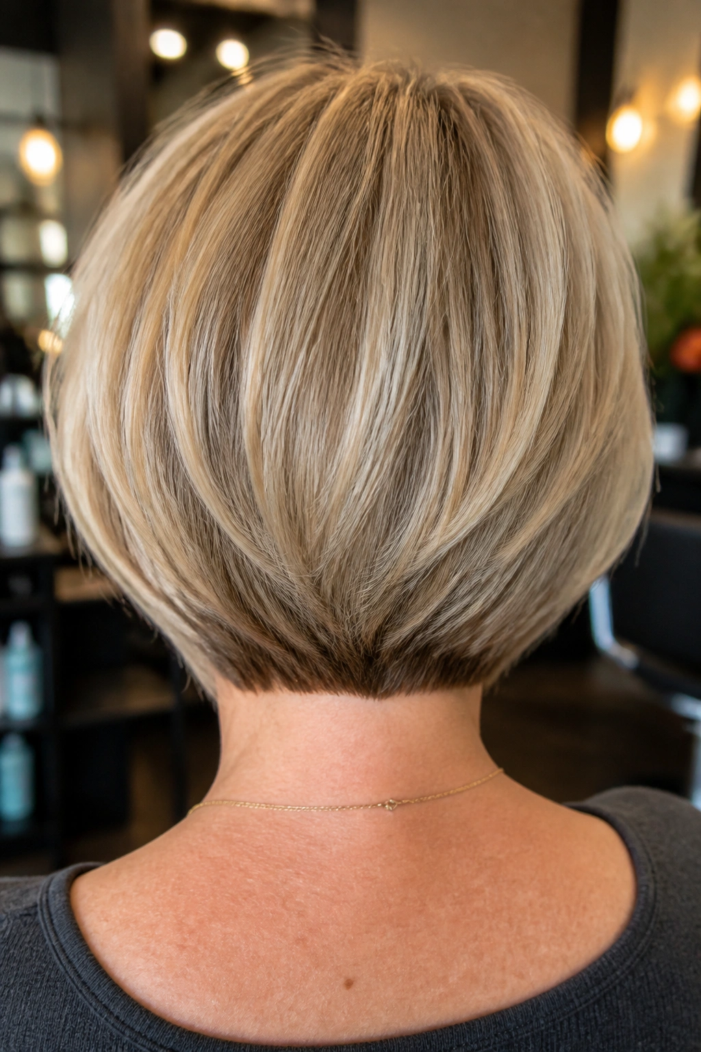 Back view of a real woman with a stacked bob and rounded back.