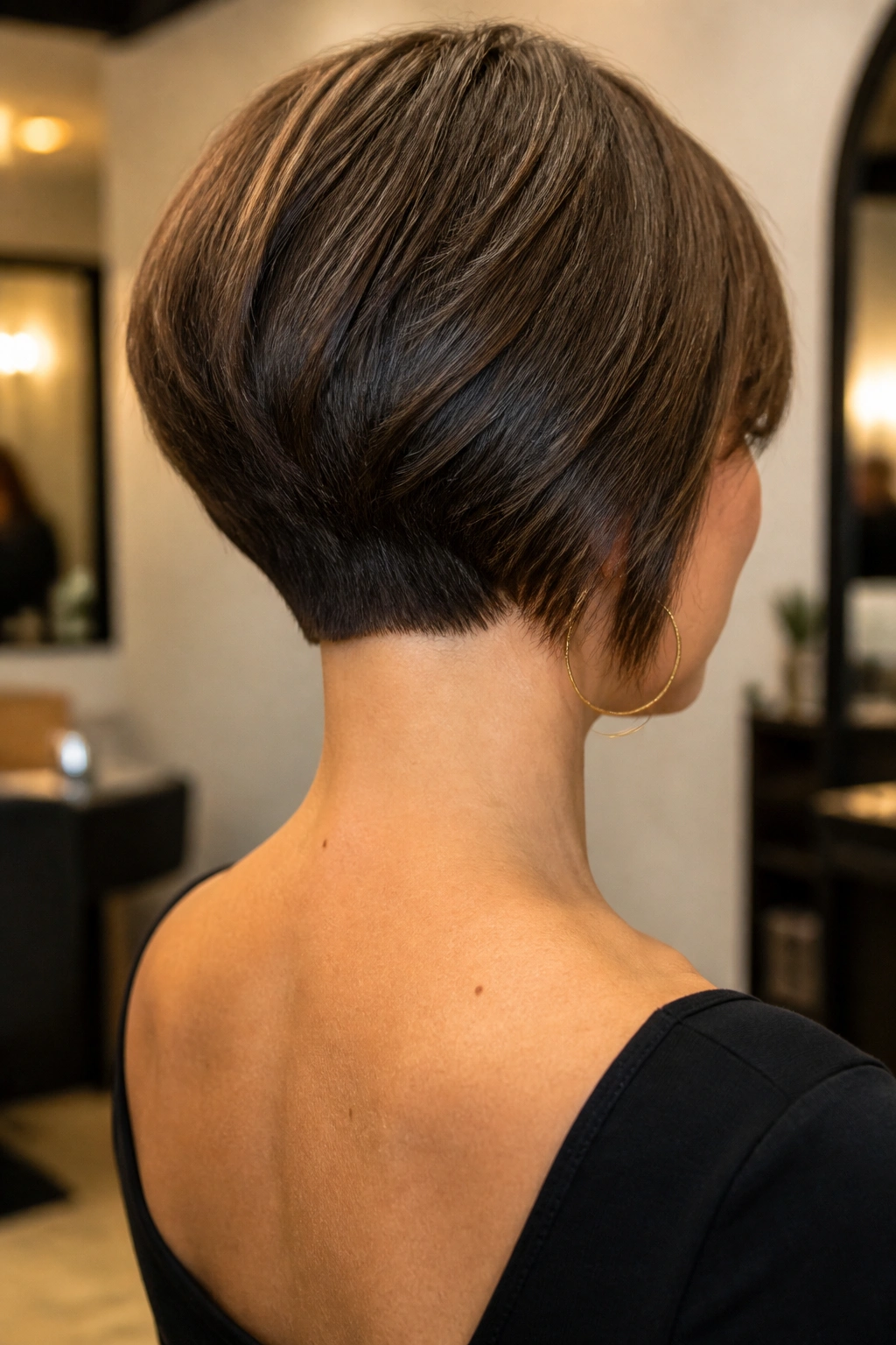 Close-up of a real woman with a stacked bob revealing a sharp nape.