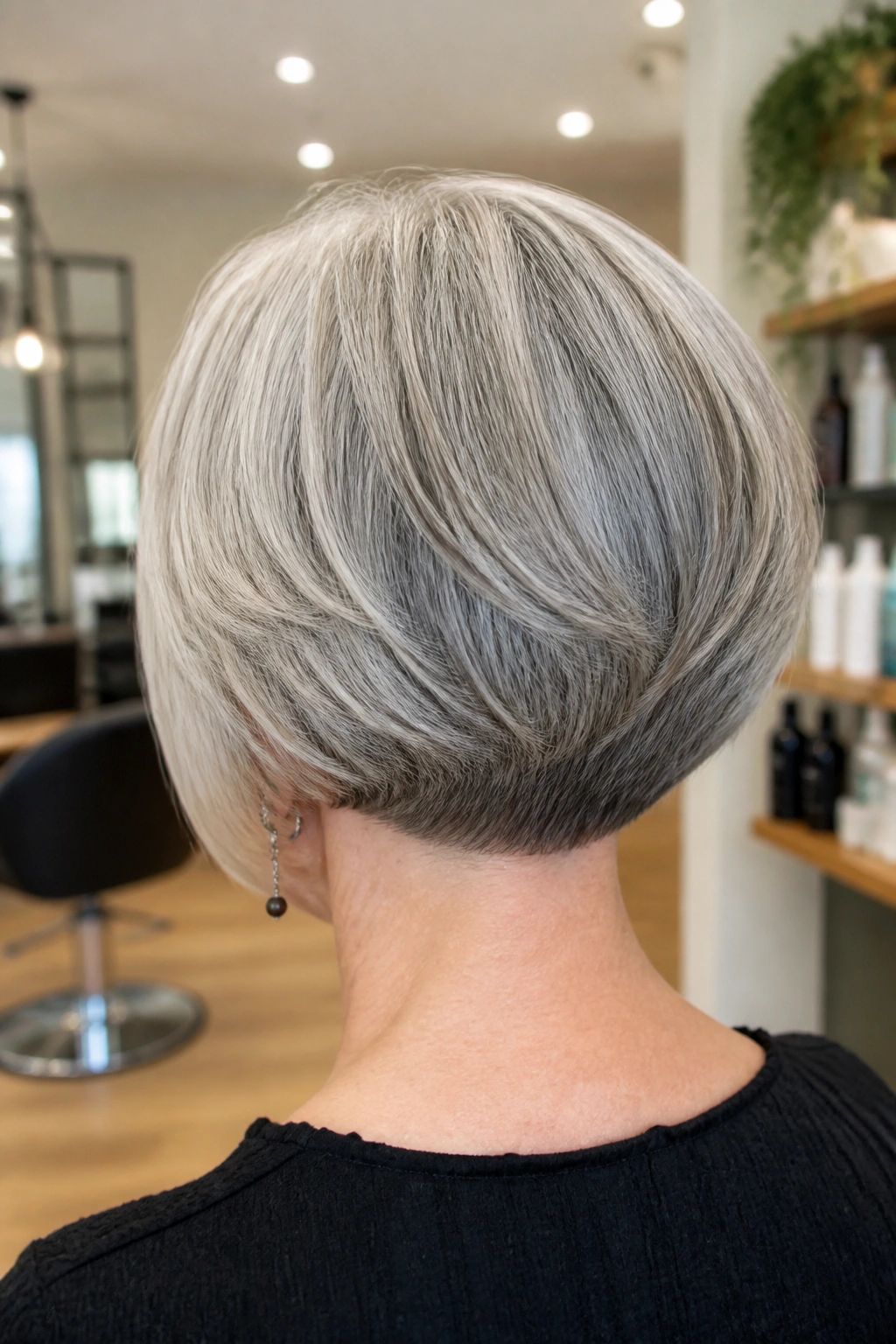 Back-of-head portrait of a woman with a stacked bob showing a short back.