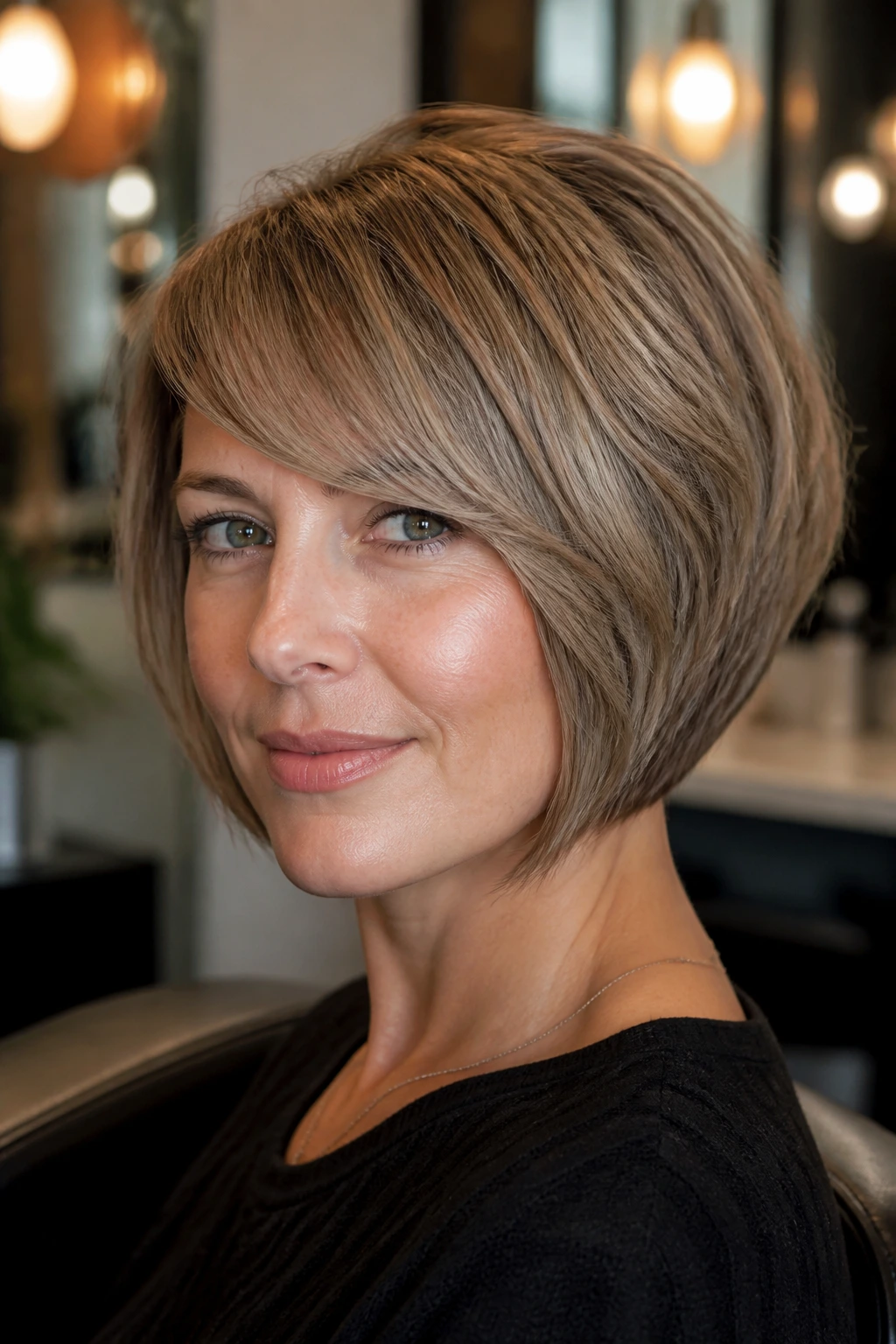 Close-up portrait of a woman with stacked bob and side-swept bangs in a salon setting