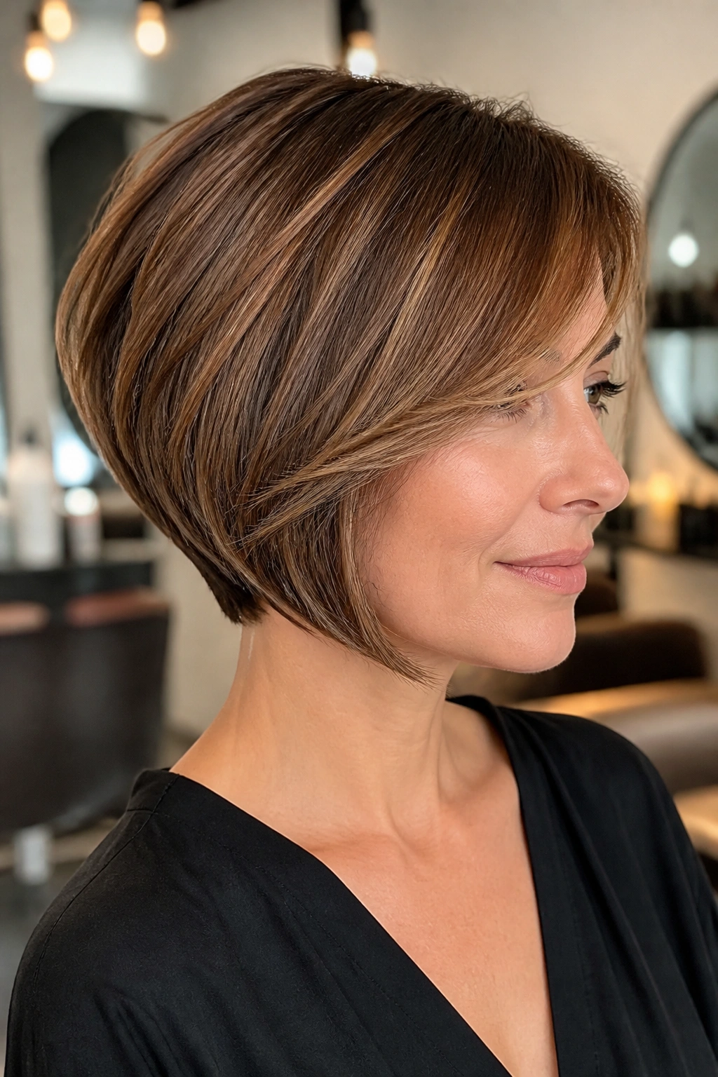 Close-up of a real woman with stacked bob and side-swept fringe