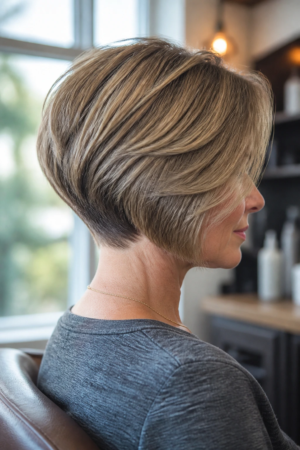 Close-up portrait of a real woman with a stacked bob and tapered ends.
