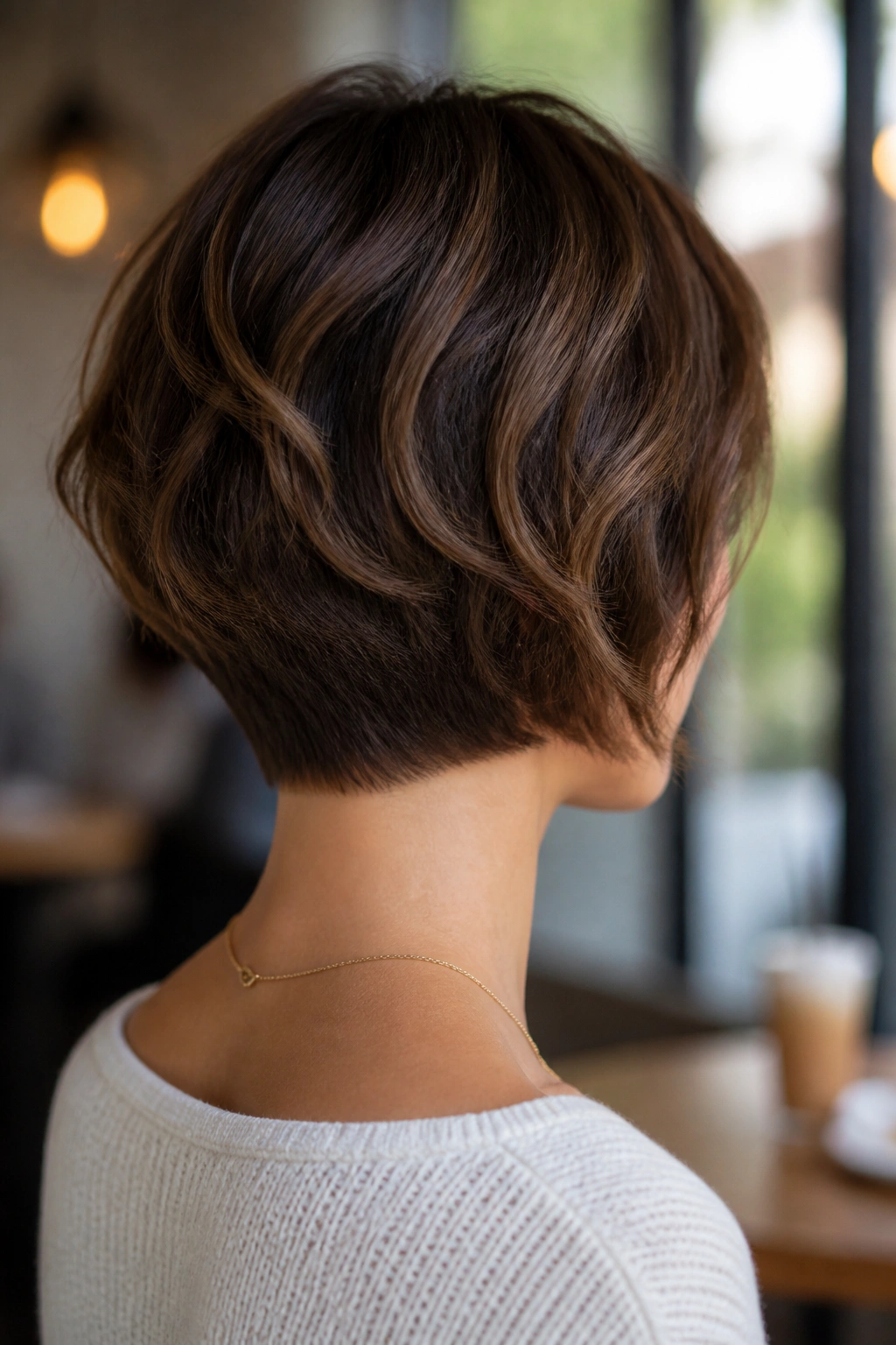 Rear three-quarter view of stacked bob with tapered nape on a real woman.
