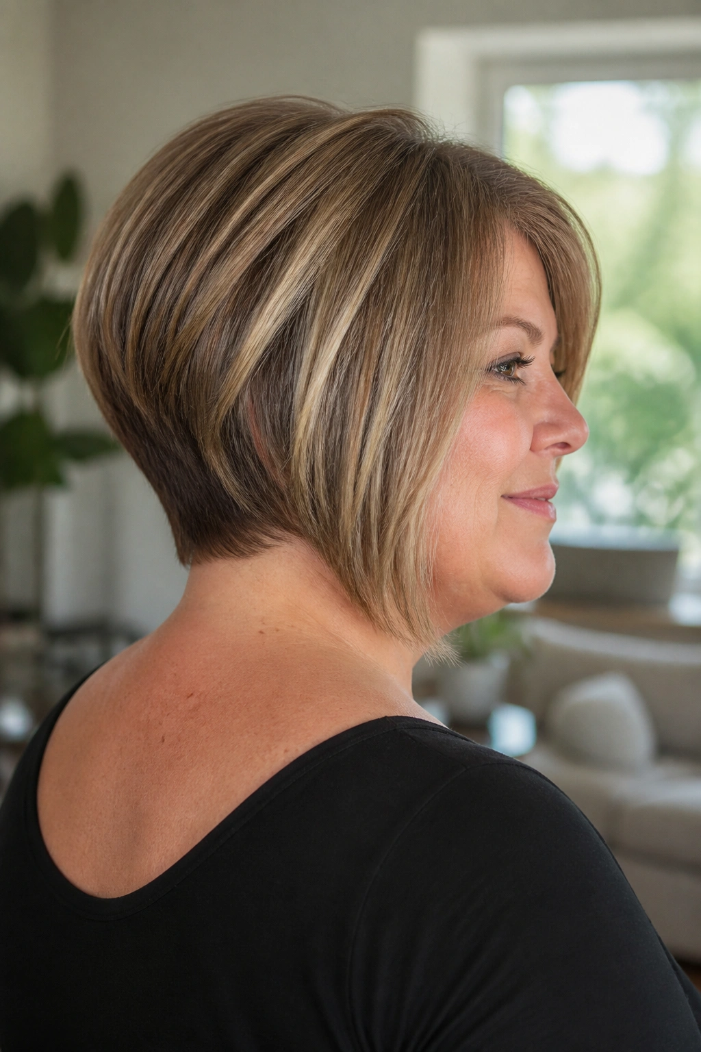 Portrait of a woman with stacked bob and tapered nape.