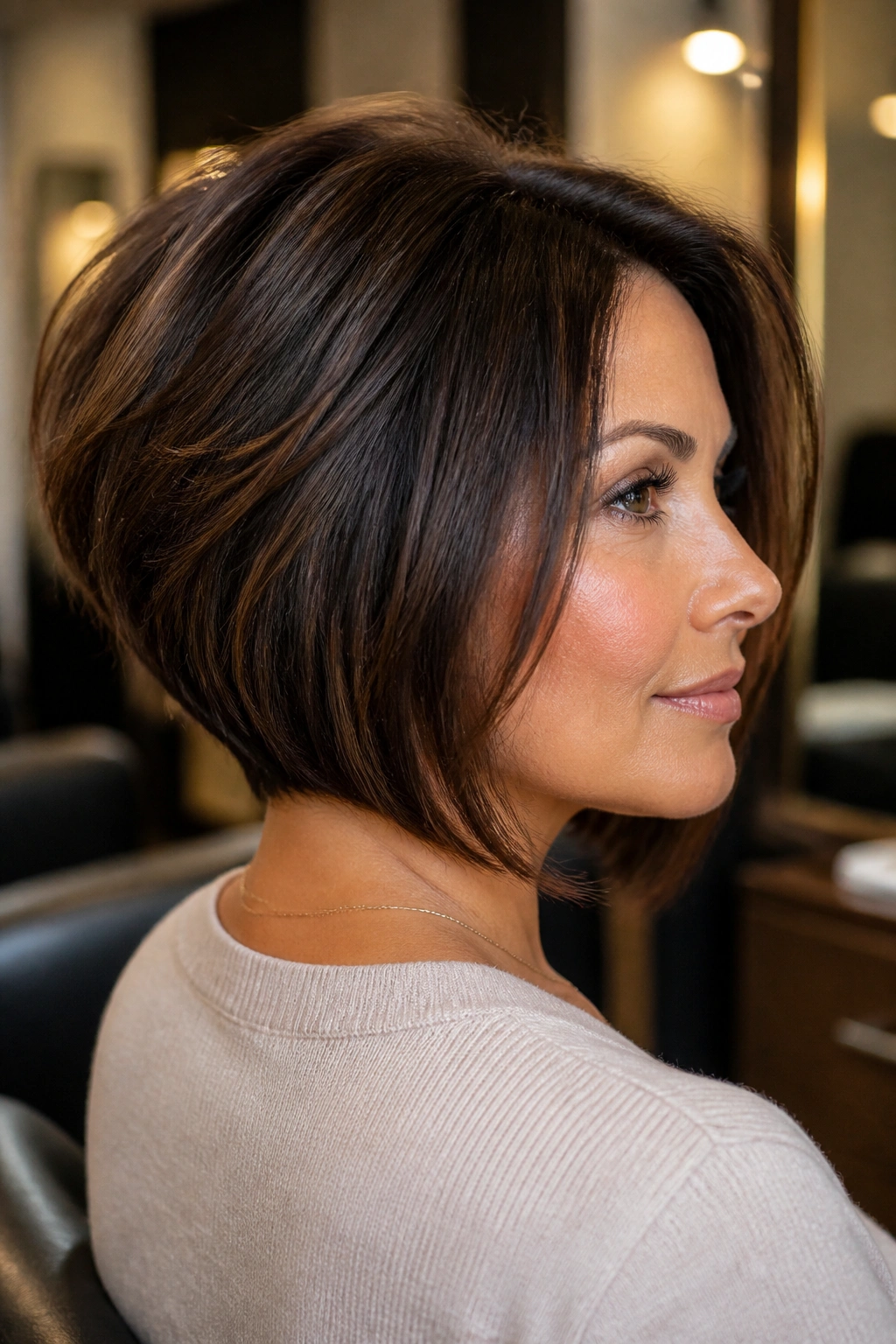 Close-up portrait of a real woman with a stacked bob showing lift at the back in a salon.