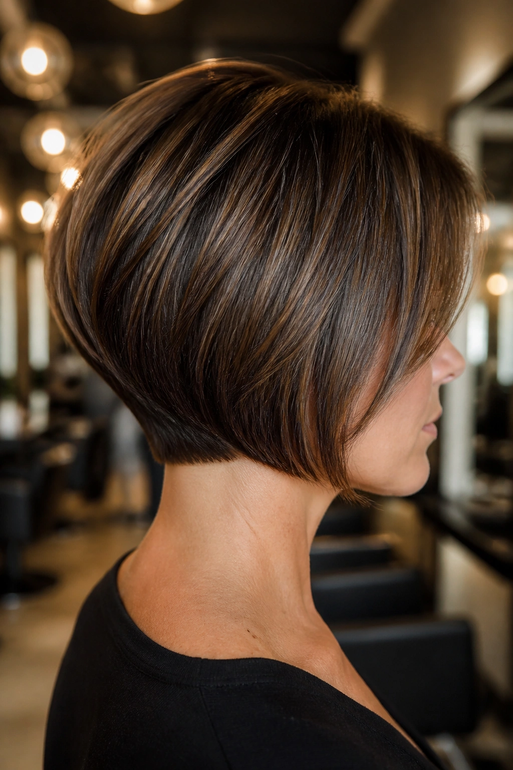 Profile shot of a real woman with a stacked bob and tidy nape