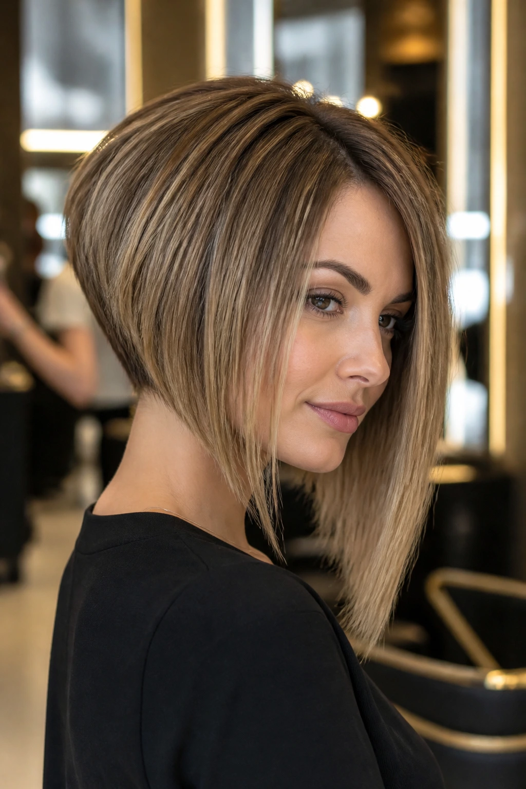 Close-up of a woman with a stacked asymmetric bob showing back volume