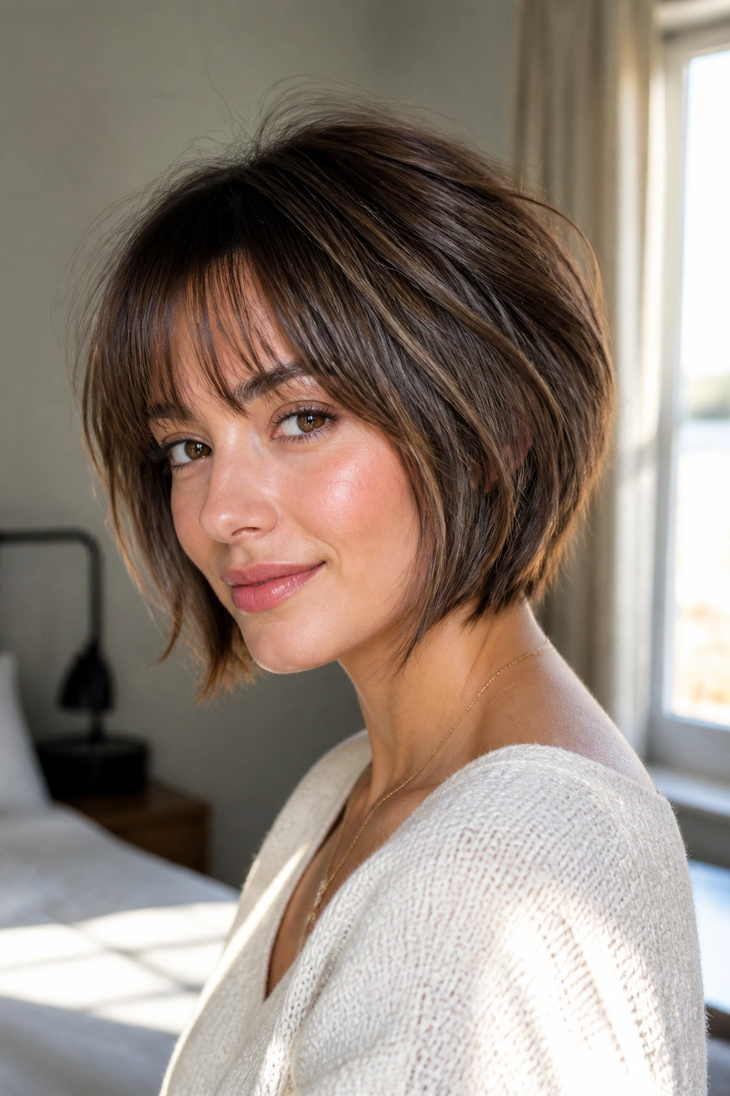 Close-up of a real woman with wispy bangs in a stacked bob