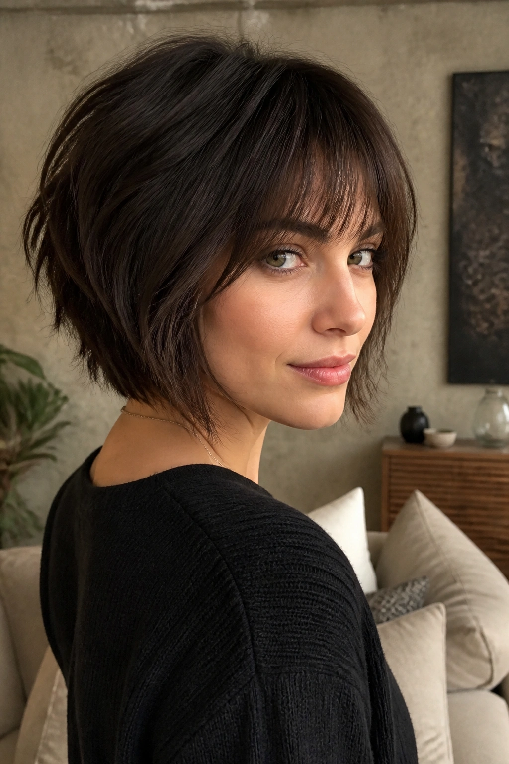 Portrait of a woman with stacked choppy bob and wispy fringe in a stylish living room
