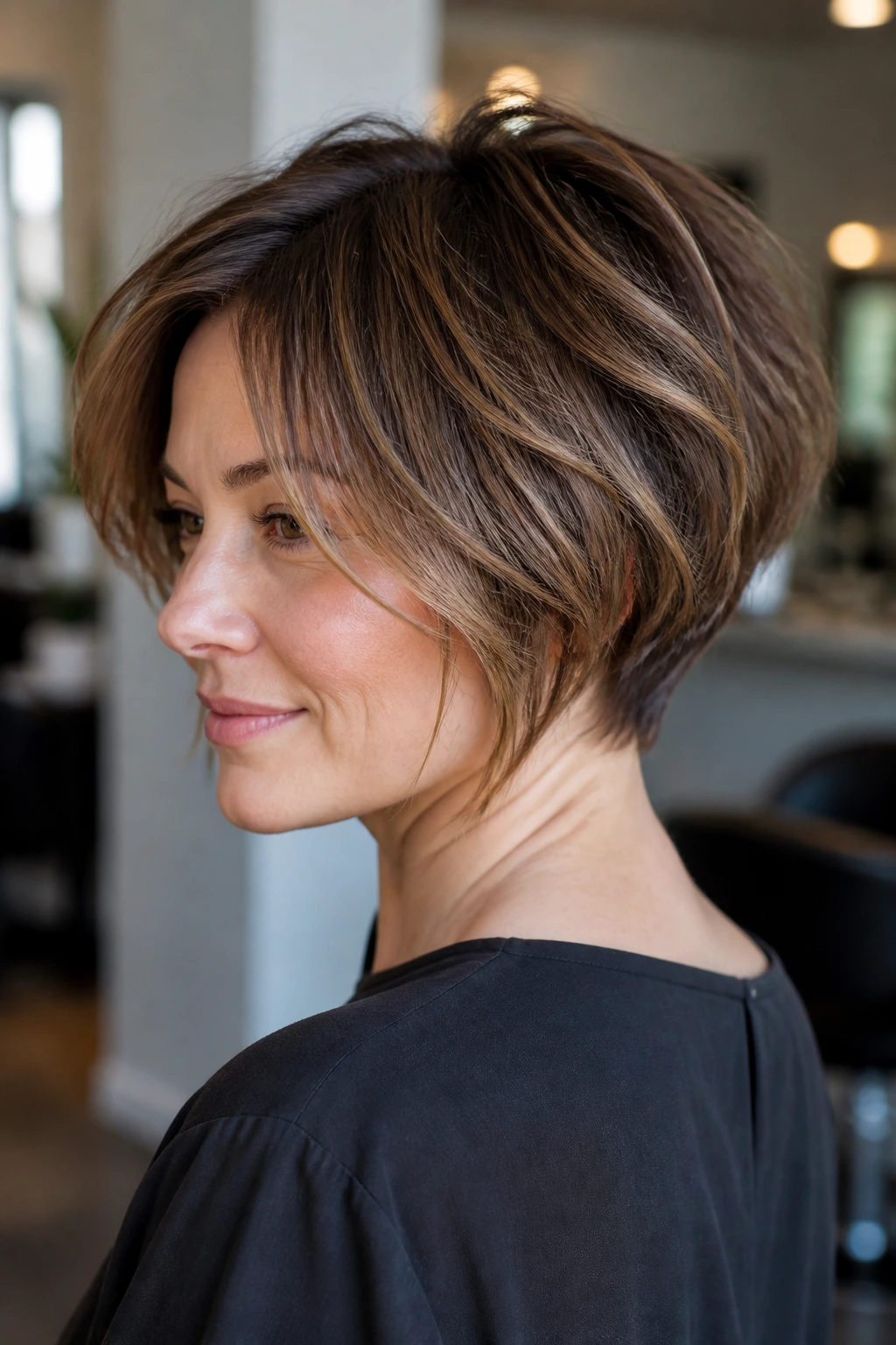Real woman wearing stacked choppy bob with hidden short layers, three-quarter view