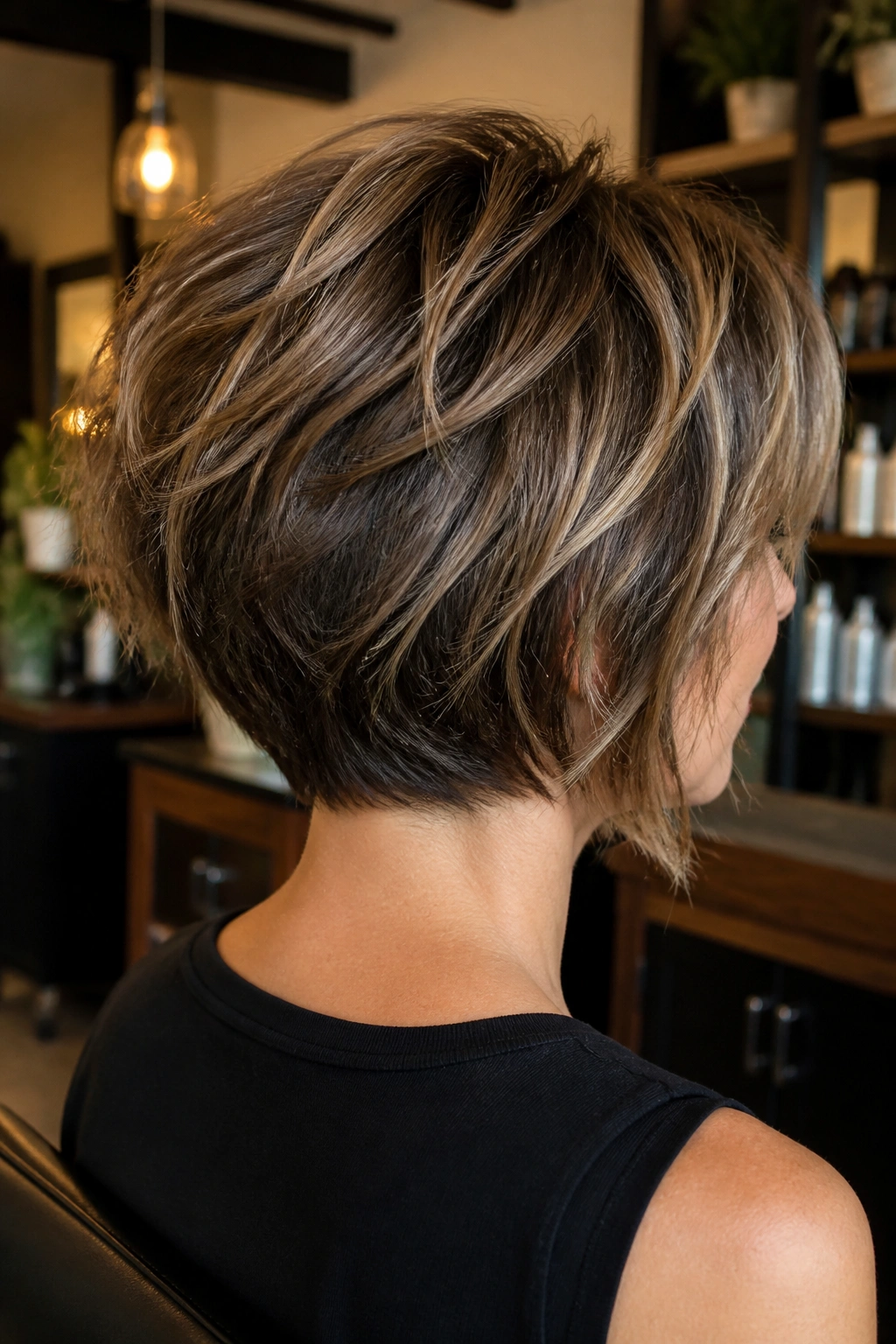 Rear portrait of a real person displaying a stacked choppy bob with lifted back