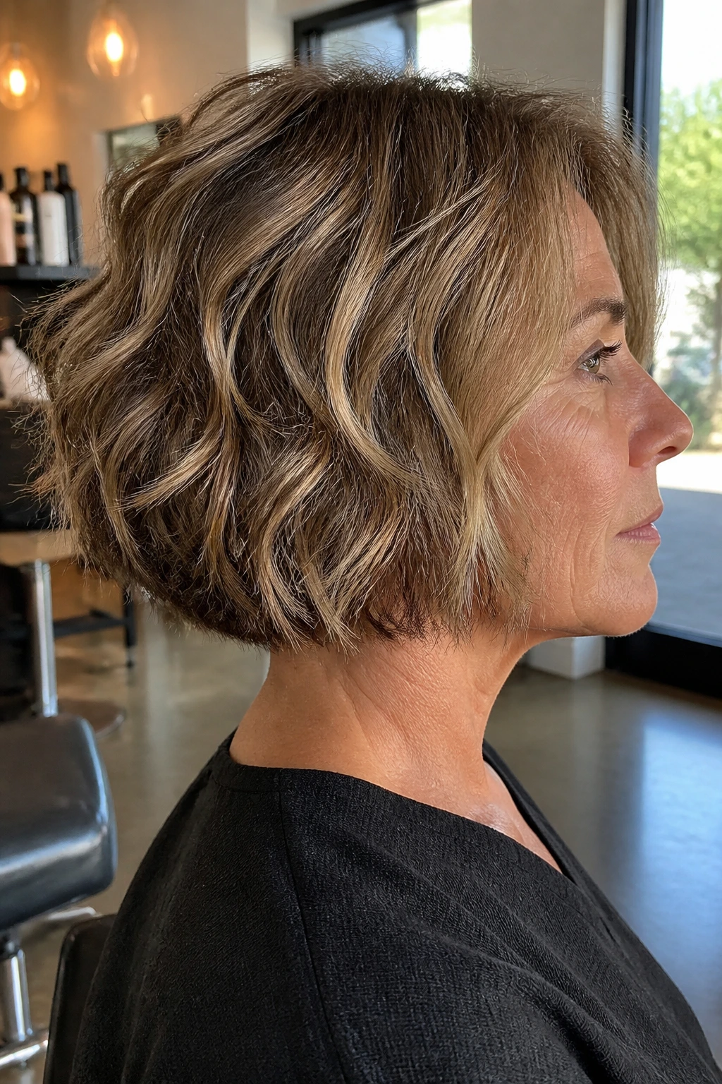 Close-up of stacked crinkle bob on a real woman showing back lift and front movement