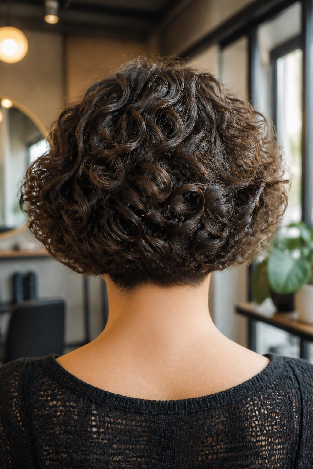 Back-of-head close-up of a real woman with stacked curly bob and rounded back in warm salon lighting
