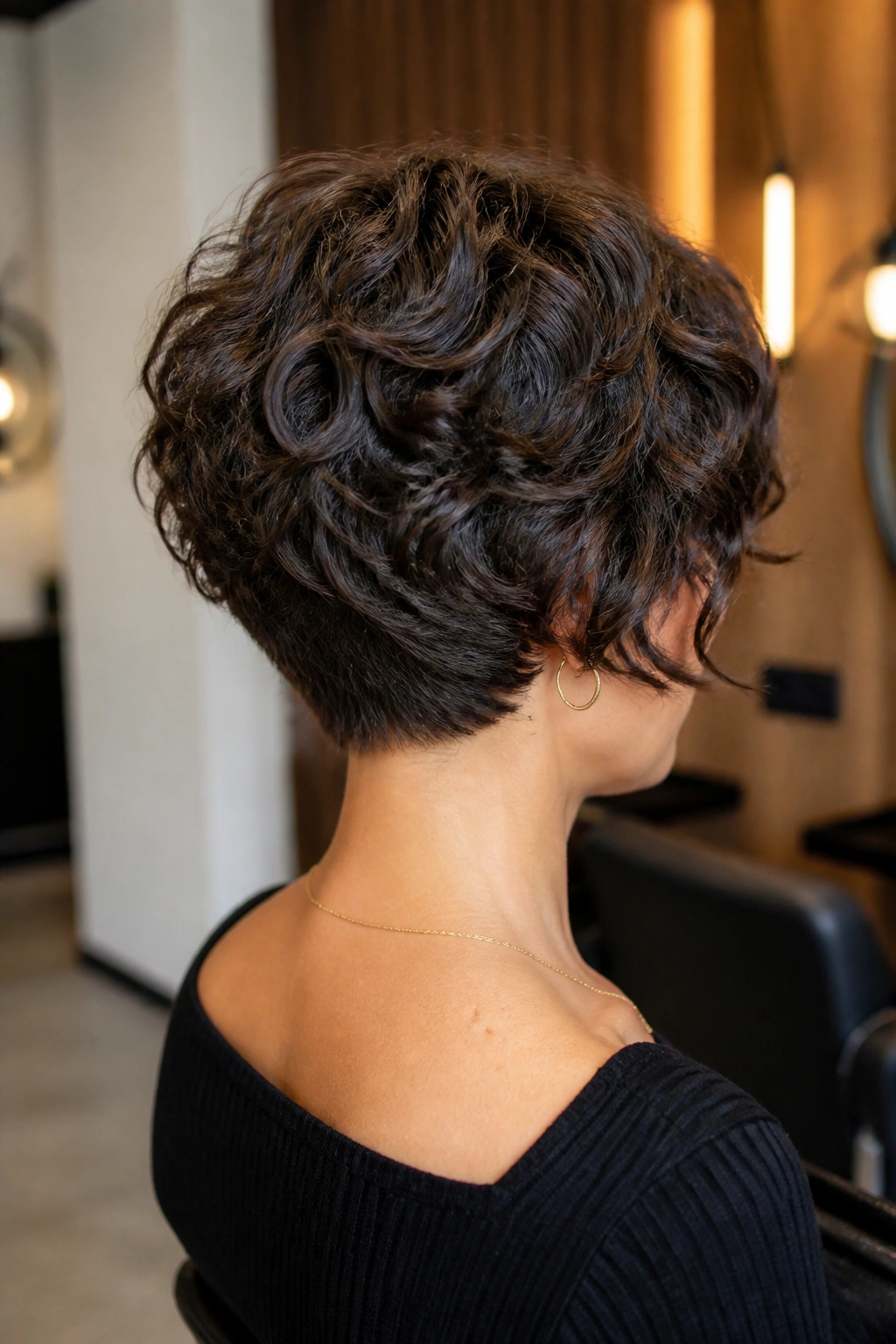 Three-quarter rear view of a woman with soft-nape stacked curly bob
