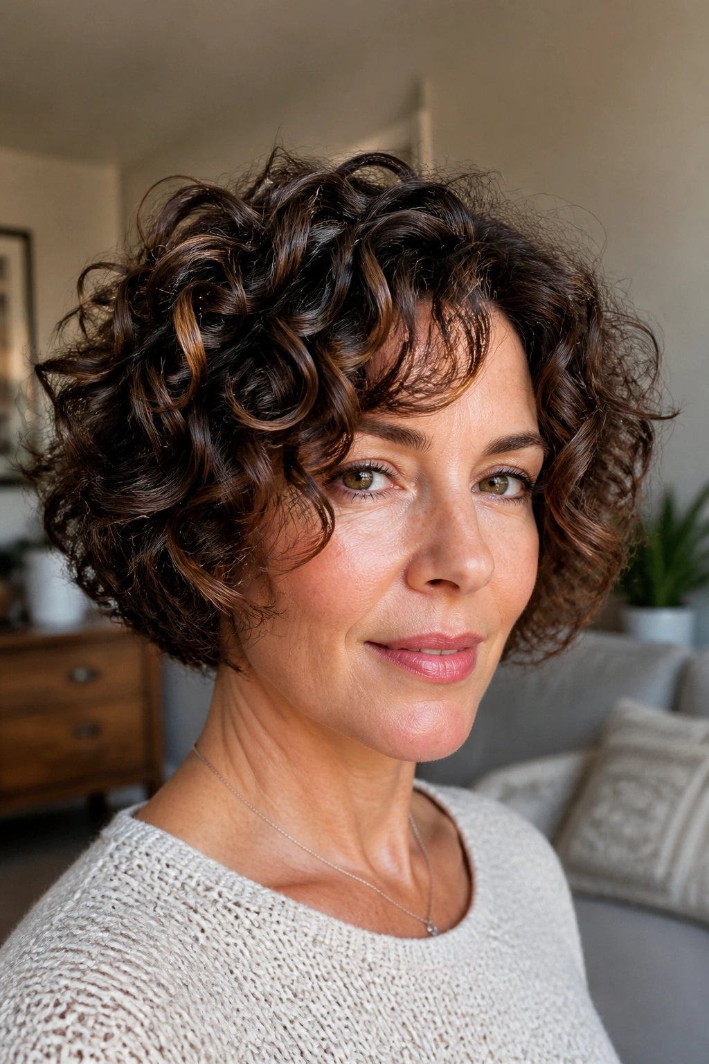 Close-up of a real woman with a stacked curly bob and defined curls