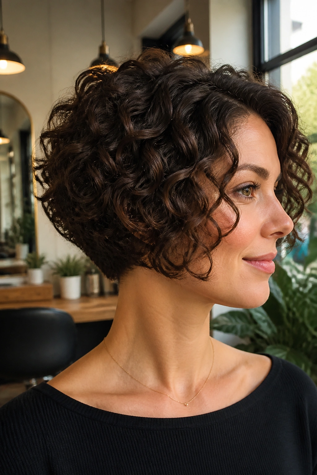 Real woman with a stacked curly bob hairstyle in a salon-like setting