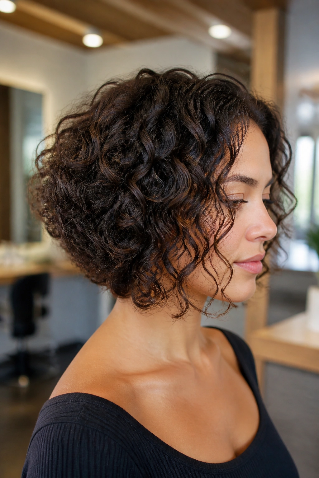 Three-quarter portrait showing stacked curly bob with back lift