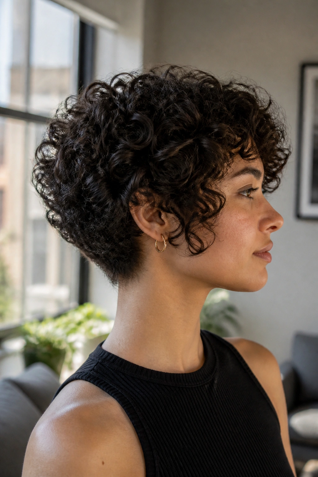 Portrait of a real person with stacked curly bob showing lifted back layers